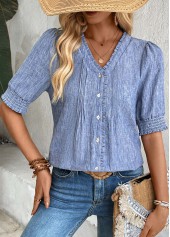Denim Blue Tummy Coverage Half Sleeve V Neck Blouse