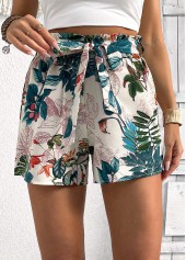 Blackish Green Plants Print Elastic Waist High Waisted Shorts