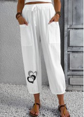 White Heart Print Jogger Elastic Waist High Waisted Pants
