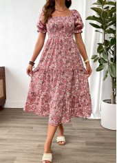 Pink Ditsy Floral Print Patchwork Short Sleeve Dress