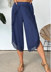 Denim Blue Wide Leg Elastic Waist Mid Waisted Pants