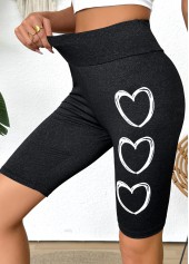 Black Heart Print High Waisted Short Elastic Waist Leggings