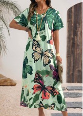 Multi Color Butterfly Print Maxi Short Sleeve Dress