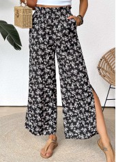 Black Ditsy Floral Print Wide Leg Elastic Waist Pants