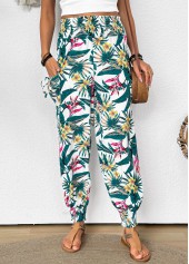 Green Tropical Plants Print Jogger Elastic Waist Pants | thumb picture 