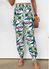 Green Tropical Plants Print Jogger Elastic Waist Pants | thumb picture 