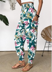 Green Tropical Plants Print Jogger Elastic Waist Pants | thumb picture 