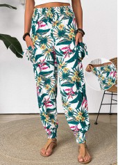 Green Tropical Plants Print Jogger Elastic Waist Pants