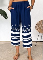 Dark Blue Tribal Print Straight Leg Elastic Waist Pants
