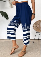 Dark Blue Tribal Print Straight Leg Elastic Waist Pants | thumb picture 