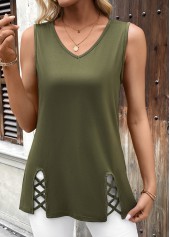 Olive Green Patchwork Sleeveless V Neck Tank Top | thumb picture 