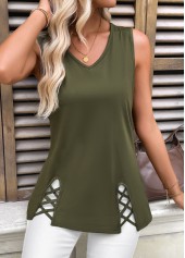 Olive Green Patchwork Sleeveless V Neck Tank Top | thumb picture 