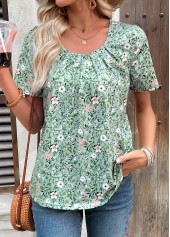 Green Shirred Ditsy Floral Print Short Sleeve T Shirt
