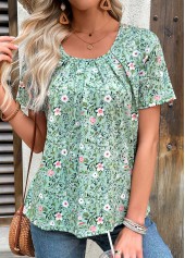 Green Shirred Ditsy Floral Print Short Sleeve T Shirt | thumb picture 