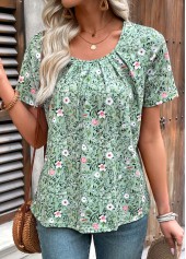 Green Shirred Ditsy Floral Print Short Sleeve T Shirt | thumb picture 