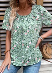 Green Shirred Ditsy Floral Print Short Sleeve T Shirt | thumb picture 