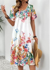 White Floral Print Short Sleeve V Neck Dress
