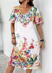 White Floral Print Short Sleeve V Neck Dress | thumb picture 