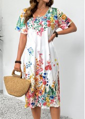 White Floral Print Short Sleeve V Neck Dress | thumb picture 