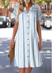 Dusty Blue Striped Short Sleeve Split Neck Dress