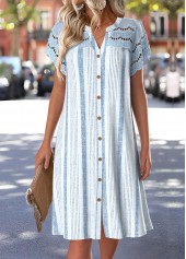 Dusty Blue Striped Short Sleeve Split Neck Dress | thumb picture 