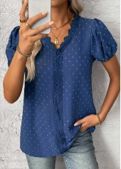 Blue Patchwork Short Sleeve V Neck Blouse | thumb picture 