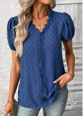 Blue Patchwork Short Sleeve V Neck Blouse | thumb picture 