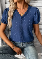 Blue Patchwork Short Sleeve V Neck Blouse | thumb picture 