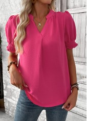 Hot Pink Curved Hem Short Sleeve Split Neck Blouse