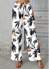 White Leaf Print Wide Leg Elastic Waist Pants | thumb picture 