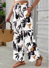 White Leaf Print Wide Leg Elastic Waist Pants | thumb picture 