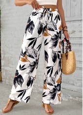 White Leaf Print Wide Leg Elastic Waist Pants
