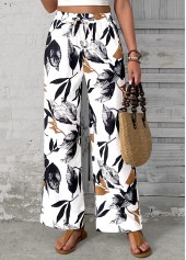 White Leaf Print Wide Leg Elastic Waist Pants | thumb picture 