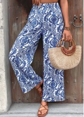 Dark Blue Tribal Print Wide Leg Elastic Waist Pants | thumb picture 