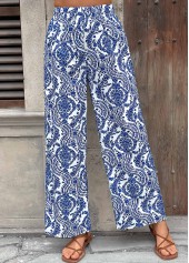 Dark Blue Tribal Print Wide Leg Elastic Waist Pants