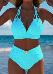 Mid Waisted Patchwork Cyan Bikini Set