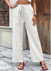Beige Striped Wide Leg Elastic Waist High Waisted Pants