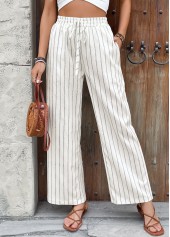 Beige Striped Wide Leg Elastic Waist High Waisted Pants | thumb picture 