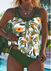Mid Waisted Plants Print Green Tankini Set