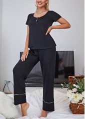 Black Short Sleeve Scoop Neck Lounge Top and Pants