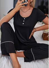 Black Short Sleeve Scoop Neck Lounge Top and Pants | thumb picture 