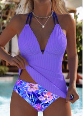 Mid Waisted Floral Print Purple Tankini Set