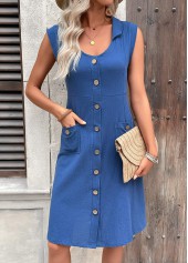 Blue Patch Pocket Sleeveless Turn Down Collar Dress | thumb picture 
