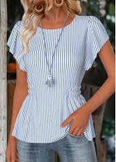 Dusty Blue Striped Short Sleeve Round Neck Blouse | thumb picture 