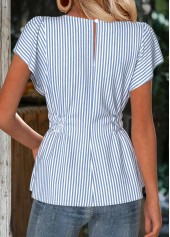 Dusty Blue Striped Short Sleeve Round Neck Blouse | thumb picture 