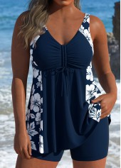 Mid Waisted Floral Print Navy Tankini Set