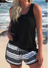 Bowknot Geometric Print Black Tankini Set