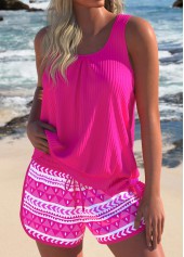 Bowknot Geometric Print Hot Pink Tankini Set