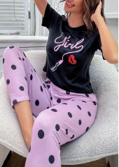 Black Polka Dot Short Sleeve Lounge Top and Pants