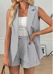 Grey Striped Sleeveless Short Sleeve Cardigan and Shorts